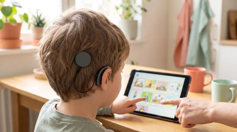 Ein Kind mit Cochlea-Implantat sitzt am Küchentisch und hört aufmerksam auf ein Tablet mit bunten Bildkarten, ein Elternteil zeigt sanft auf den Bildschirm