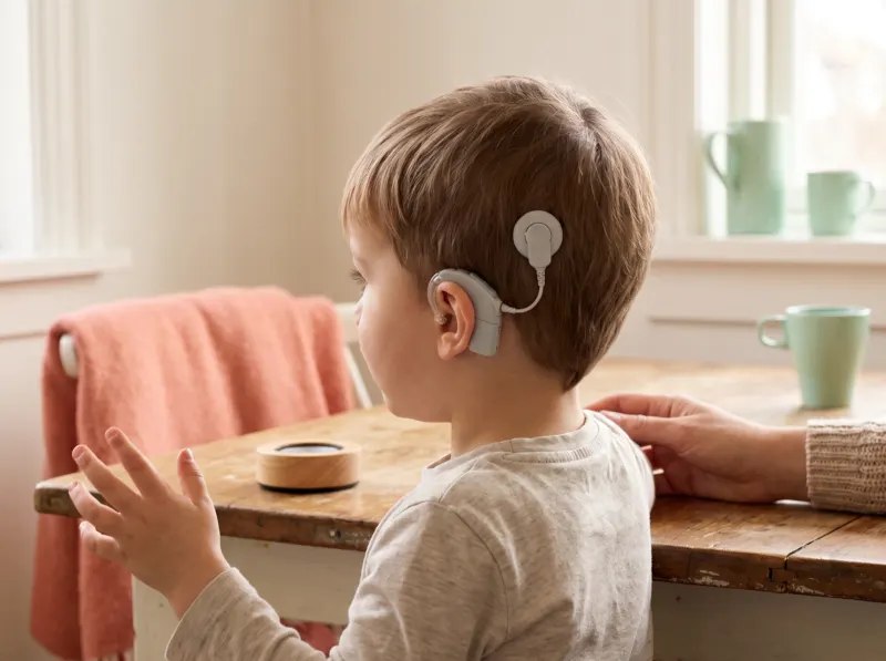 Ein Kind mit Cochlea-Implantat sitzt ganz still am Tisch und hebt die Hand, sobald ein Ton aus einem kleinen Lautsprecher erklingt