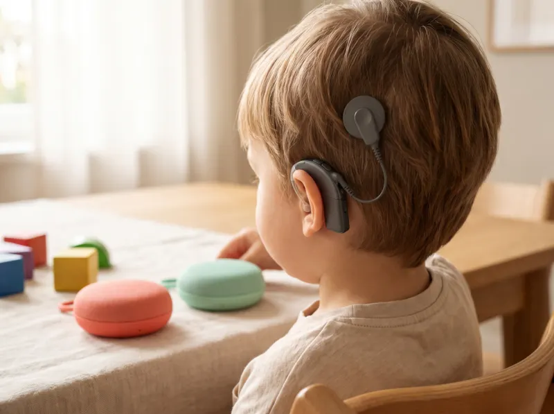 Ein Kind mit Cochlea-Implantat sitzt zwischen zwei Lautsprechern und neigt den Kopf, um zwei Klänge zu vergleichen