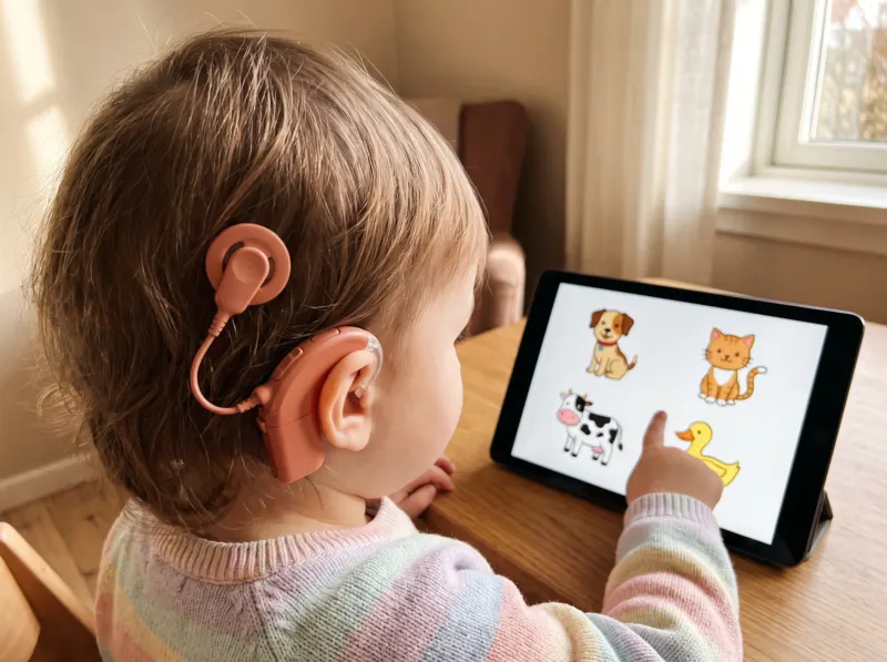 Über die Schulter eines Kindes mit Cochlea-Implantat: Der Finger tippt auf eine von vier Bildkarten auf dem Tablet