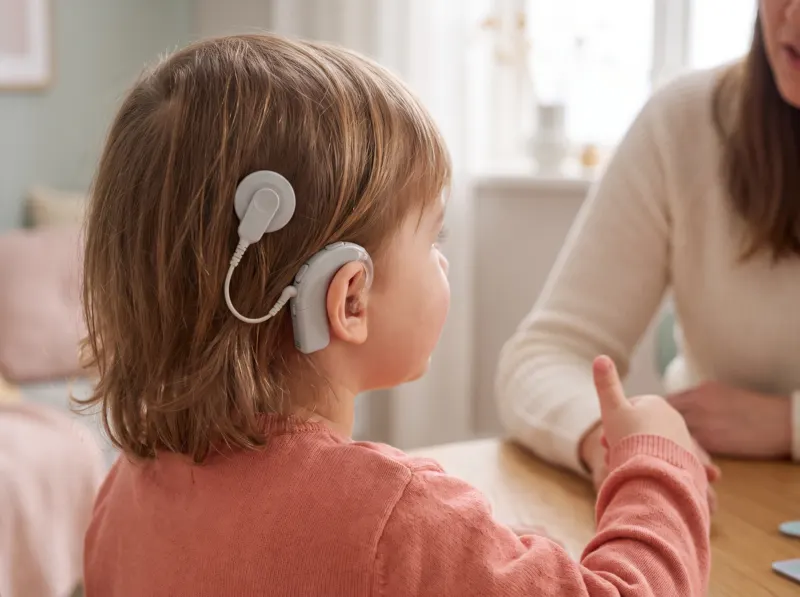 Ein Kind mit Cochlea-Implantat spricht ein gehörtes Wort laut nach, ein Elternteil sitzt gegenüber und zeigt den Daumen nach oben
