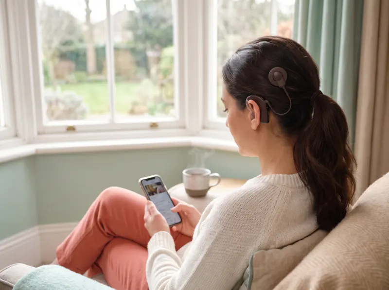 Eine Frau mit Cochlea-Implantat sitzt mit einer Tasse Tee am Fenster und übt in Ruhe mit dem Smartphone